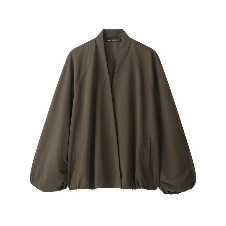 Damen Oversize Cropped Bomberjacke mit offenem V-Ausschnitt und elastischem Saum Drune