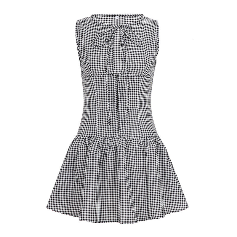 Damen lässiges Vichykleid mit Bogenverzierung und schwingendem Saum Drune