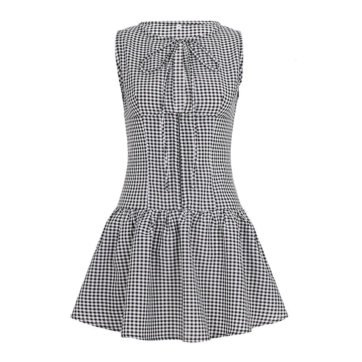 Damen lässiges Vichykleid mit Bogenverzierung und schwingendem Saum Drune