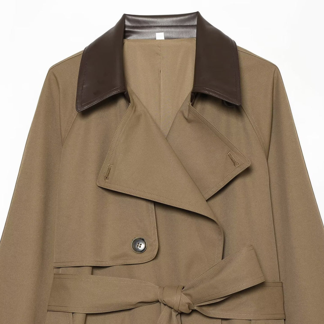 Damen Kurzer Trenchcoat mit Taillengürtel und Kontrastkragen Drune