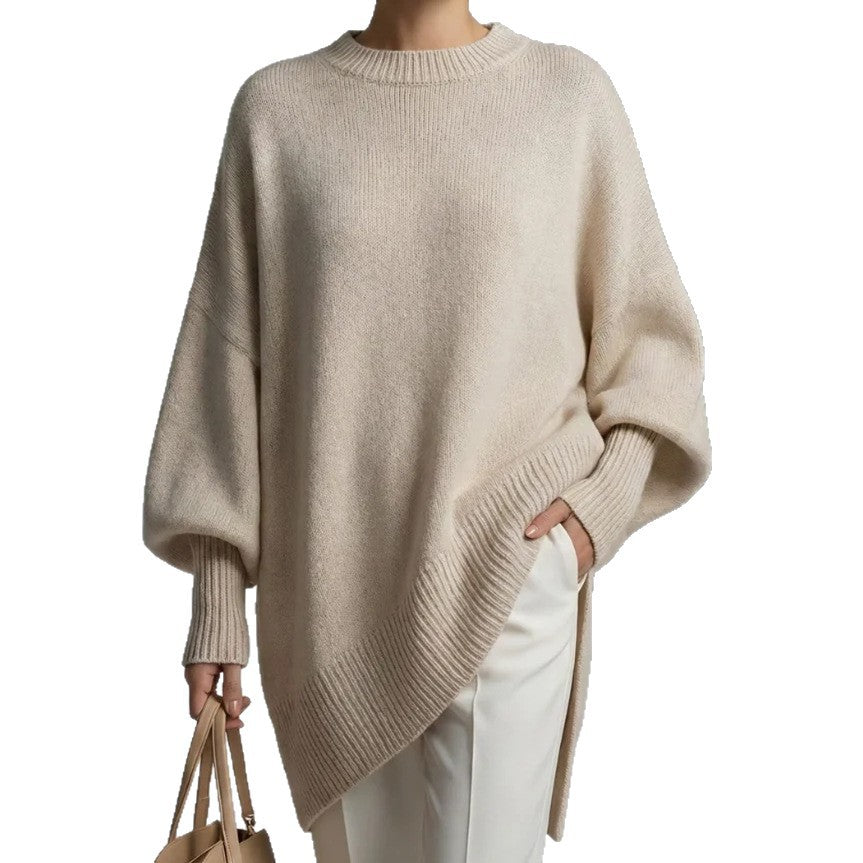 Damen Oversize Longline Feinstrick-Pullover mit Raglanärmeln und geripptem Saum Drune