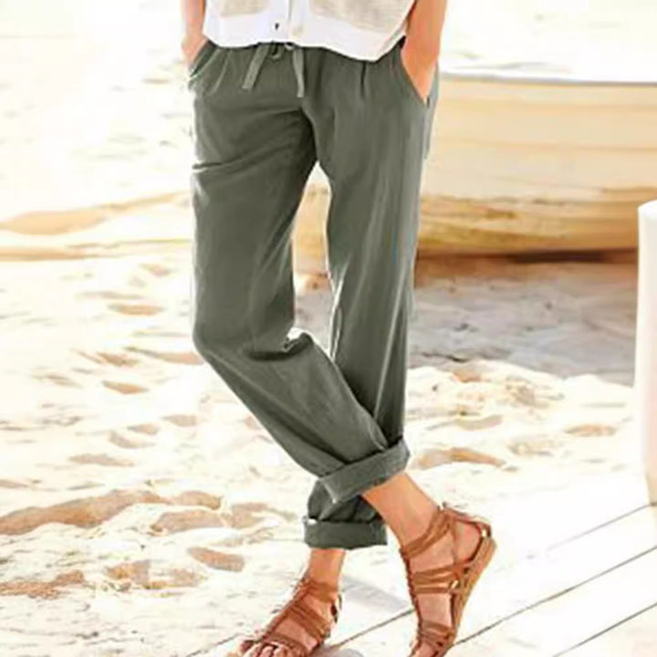 Damen bequeme Leinenhose mit elastischem Bund und seitlichen Taschen Drune
