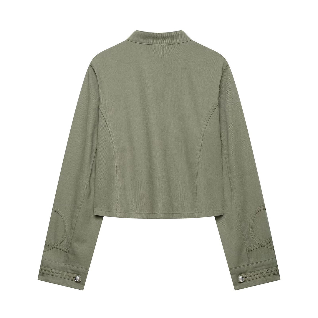 Damen Cropped Offiziersjacke im Military‑Look mit Stehkragen und dekorativen Druckknopfleisten Drune