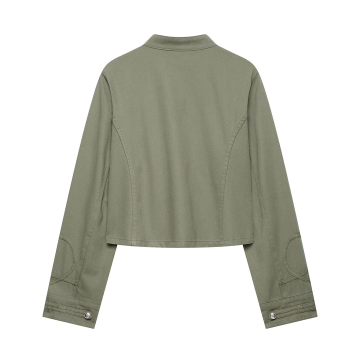 Damen Cropped Offiziersjacke im Military‑Look mit Stehkragen und dekorativen Druckknopfleisten Drune