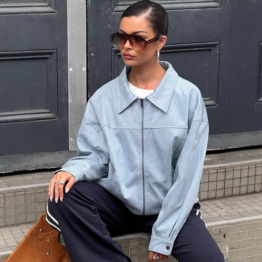Damen elegante Kunstlederjacke mit modischen Akzenten Drune
