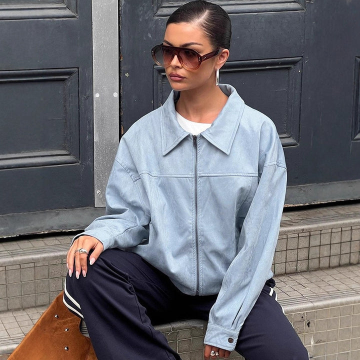 Damen elegante Kunstlederjacke mit modischen Akzenten Drune