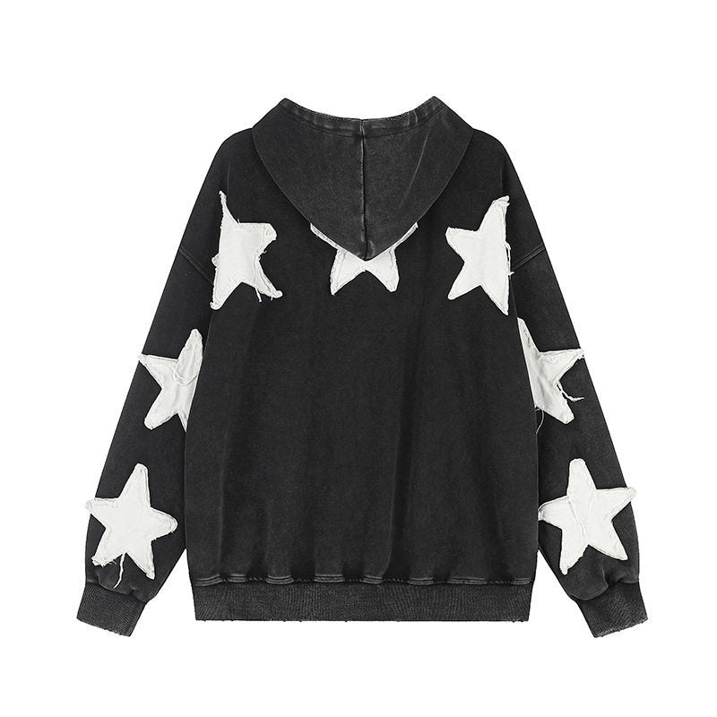 Damen Oversize Kapuzen-Sweatshirt mit Stern-Applikationen und Vintage-Waschung Drune