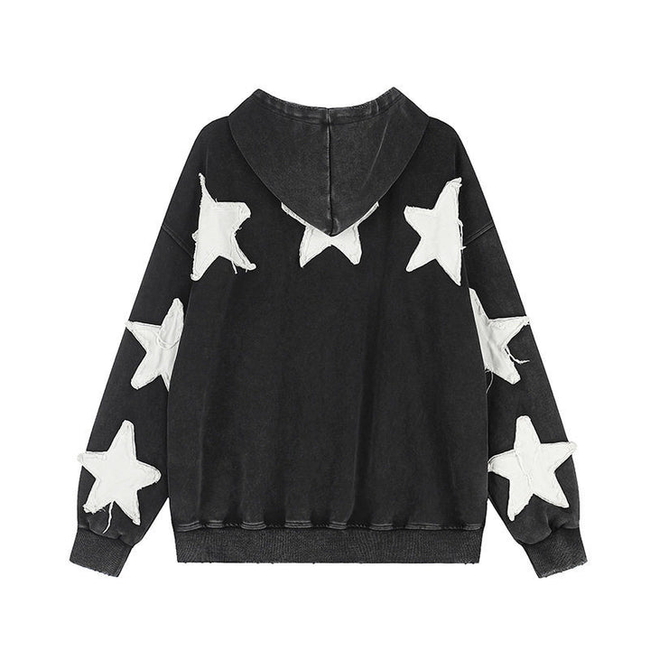 Damen Oversize Kapuzen-Sweatshirt mit Stern-Applikationen und Vintage-Waschung Drune