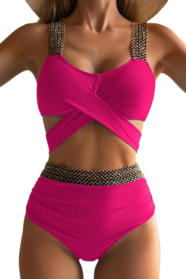 Damen Hochgeschnittener Bikini mit modischem Wickeloberteil und glamourösen Akzenten Drune