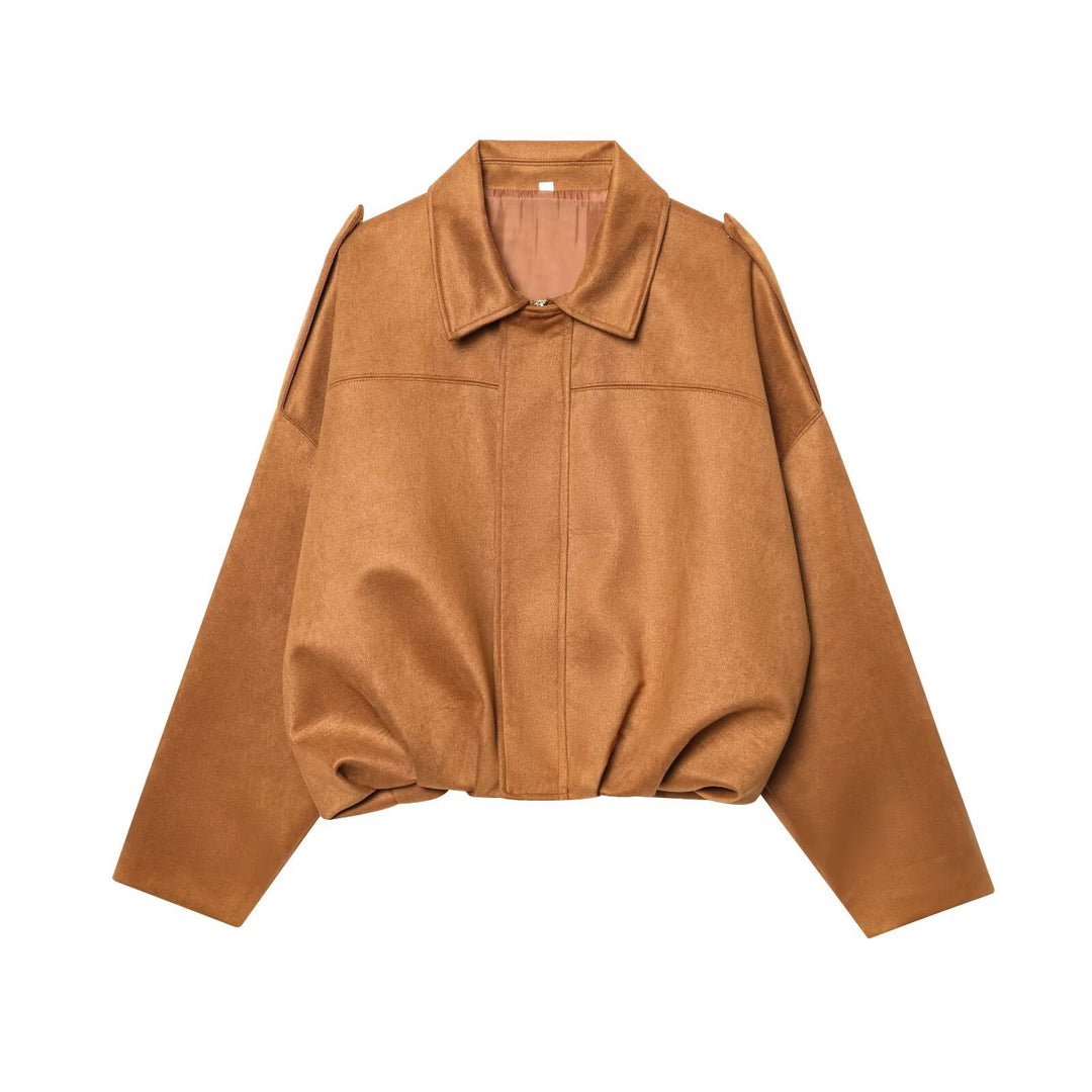 Damen Gekürzte Wildlederoptik-Blousonjacke mit Taillen-Smock und Schulterpatten Drune