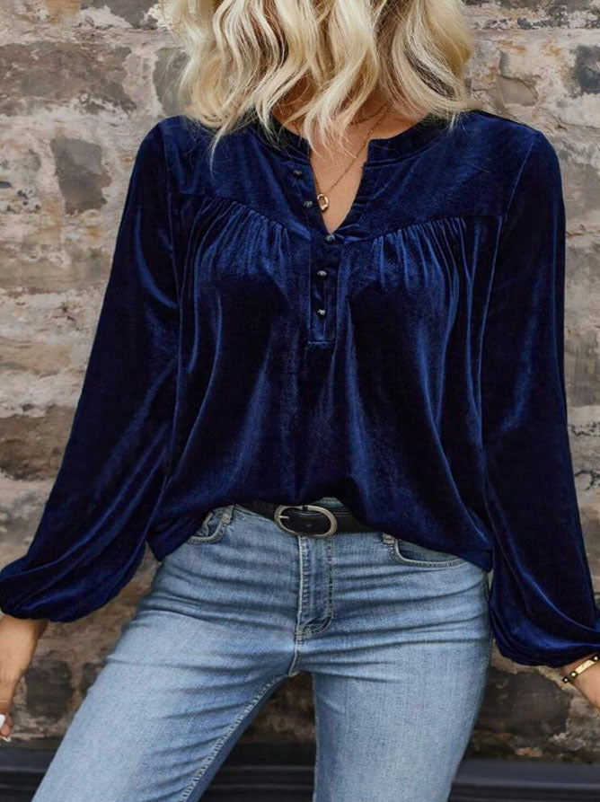 Damen Samtsweatshirt mit Henley-Knopfleiste, geraffter Brustpasse und lockerer Silhouette Drune