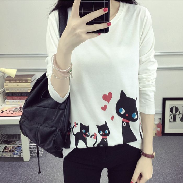 Damen Langarm-T-Shirt mit kreativem Katzenmotiv Drune