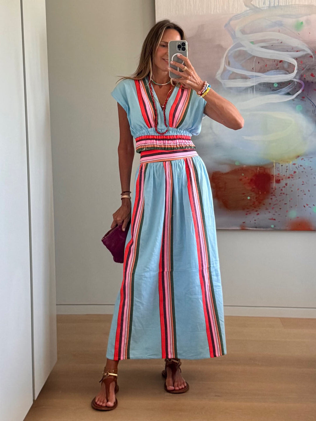 Damen Strandmaxi-Kleid mit elastischem Taillenbund und buntem Streifenmuster Drune