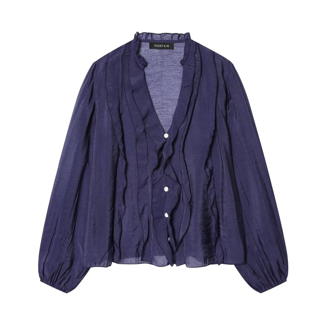 Damen Leichte Chiffon-Bluse mit Volantknopfleiste und Ballonärmeln Drune