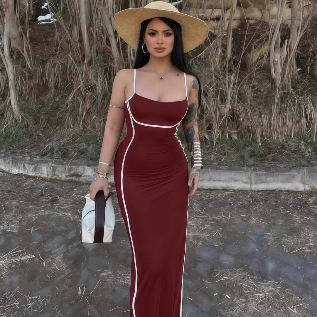 Damen elegantes Maxikleid mit schmalen Trägern und figurformendem Schnitt Drune
