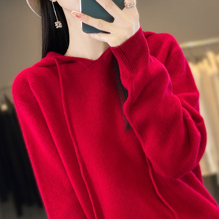 Damen weicher Feinstrick‑Kapuzensweater mit melierter Struktur und gerippten Bündchen Drune