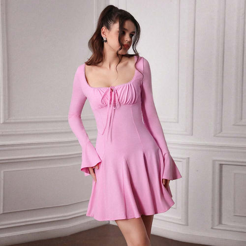 Damen gerafftes Skater-Minikleid mit Bustier-Tie, taillierter Schnitt und ausgestellten Glockenärmeln Drune