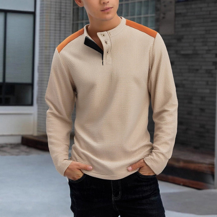 Herren strukturiertes Henley-Langarmshirt mit Stehkragen, Schulterpaspel und Waffelstruktur Drune