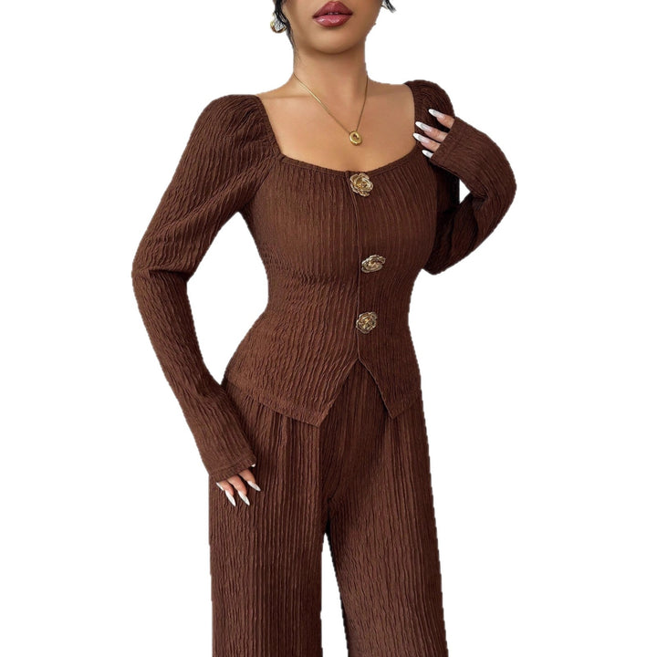 Damen nan tailliertes Blusen- und Hosen-Set aus Crinkle-Plissee mit Puffärmeln und Zierknöpfen Drune