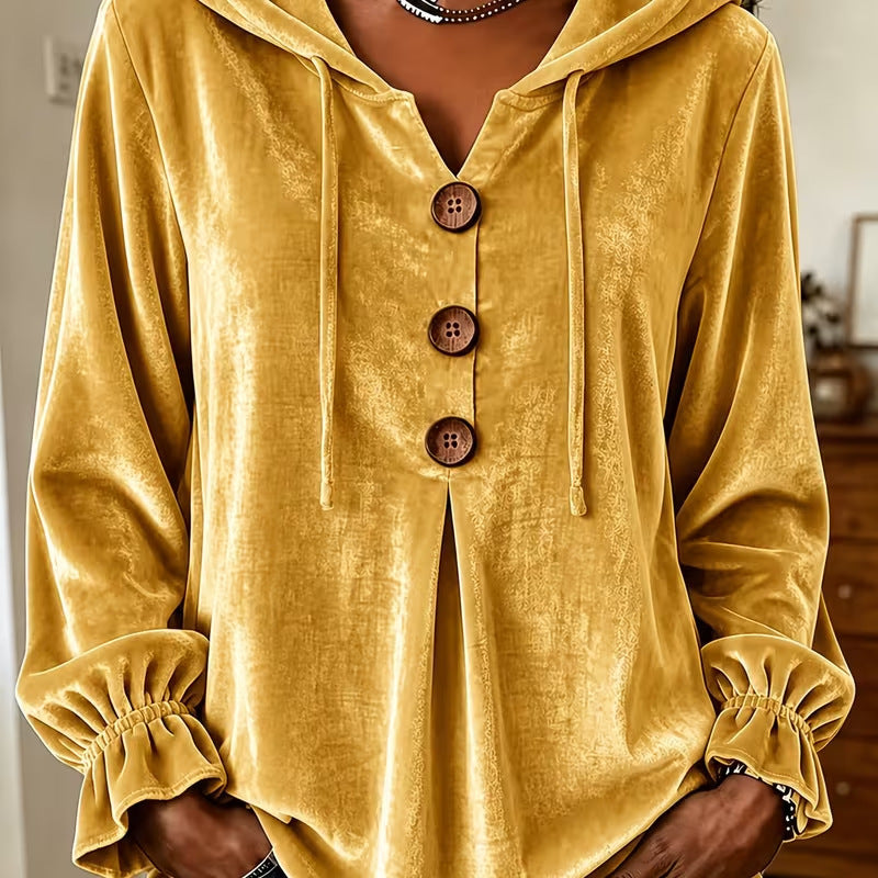 Damen Samt-Hoodie mit Holzknopfblende, Tunnelzug und gerafften Ärmeln Drune