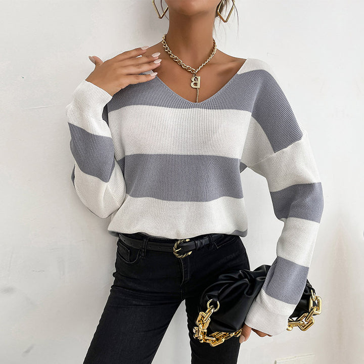 Damen Leichter Oversize‑Strickpullover mit V‑Ausschnitt und breitem Streifenmuster Drune