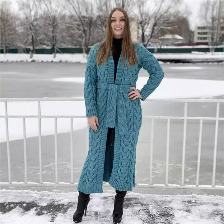 Damen Grobstrick-Mantel mit markantem Zopfdesign und offenem Schnitt Drune