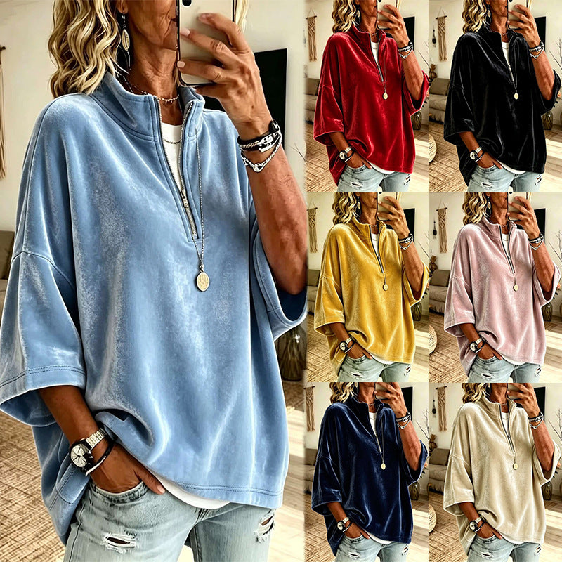 Damen Oversize Samt-Pullover mit kurzem Reißverschluss und Stehkragen Drune