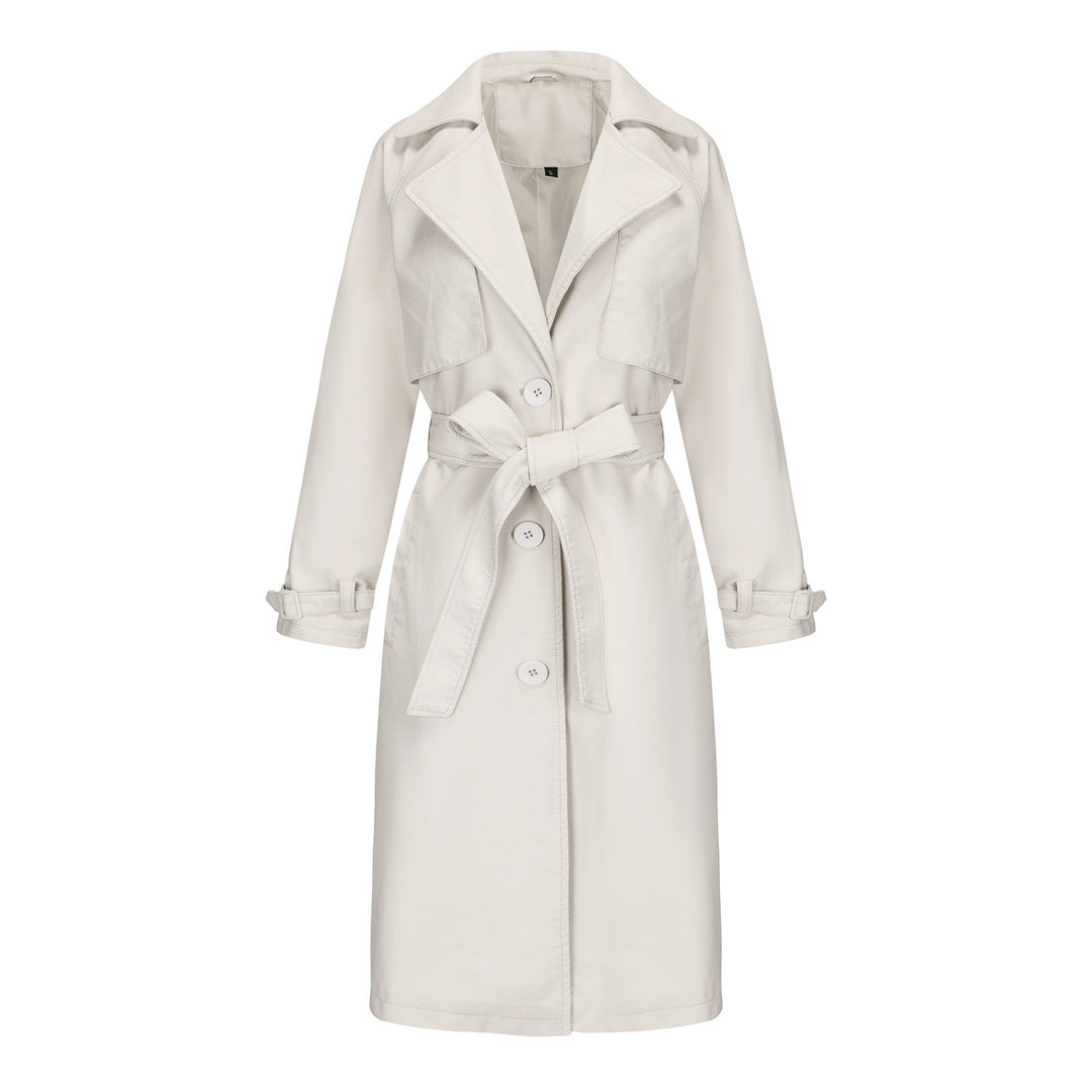 Damen nan langer taillierter Kunstleder-Trenchcoat mit Bindegürtel Drune