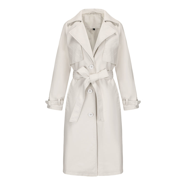 Damen nan langer taillierter Kunstleder-Trenchcoat mit Bindegürtel Drune