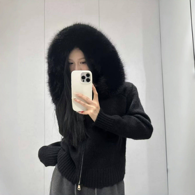 Damen Kapuzenpullover mit luxuriösem Pelzkragen und praktischen Taschen Drune
