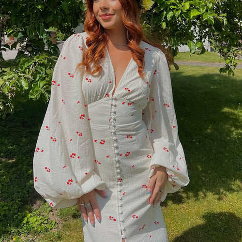 Damen Midikleid mit Puffärmeln, V-Ausschnitt und dekorativer Knopfleiste Drune