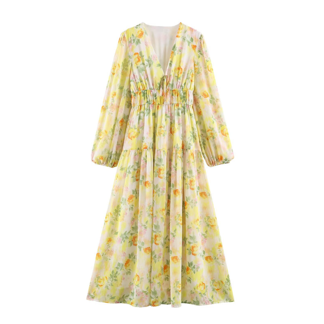 Damen Luftiges Chiffon-Midikleid mit tiefem V-Ausschnitt, geraffter Smock-Taille und Volantstufen Drune