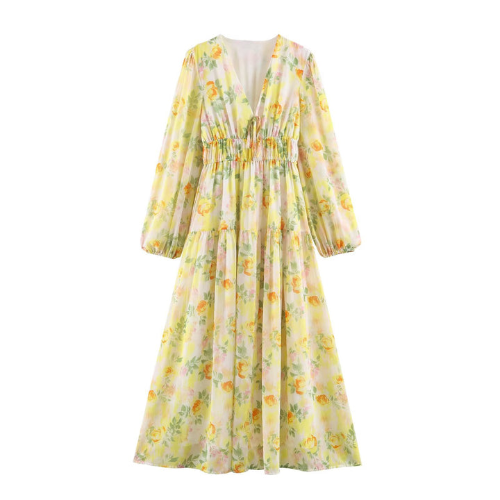Damen Luftiges Chiffon-Midikleid mit tiefem V-Ausschnitt, geraffter Smock-Taille und Volantstufen Drune