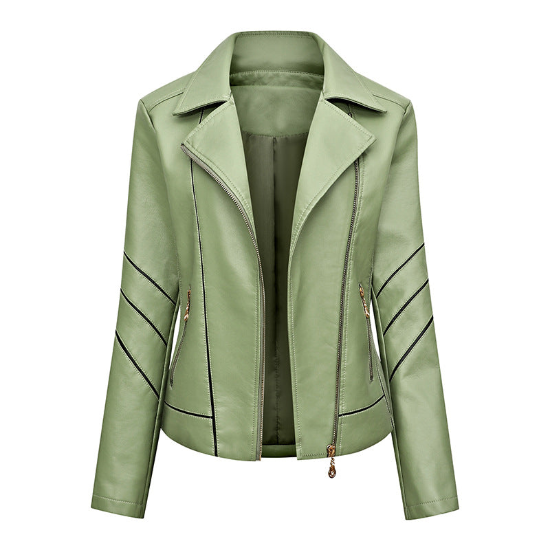 Damen Taillierte Kunstleder‑Bikerjacke mit asymmetrischen Ziernähten und Reißverschlusstaschen Drune