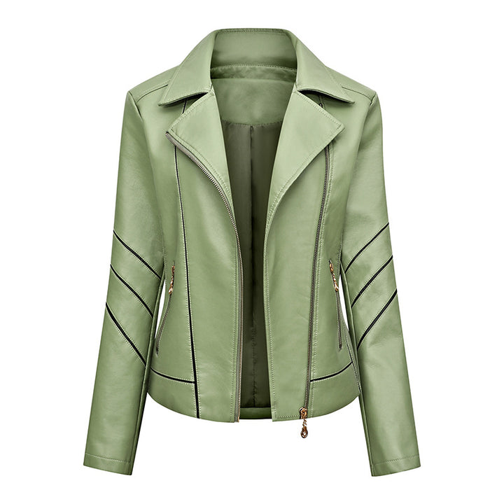 Damen Taillierte Kunstleder‑Bikerjacke mit asymmetrischen Ziernähten und Reißverschlusstaschen Drune