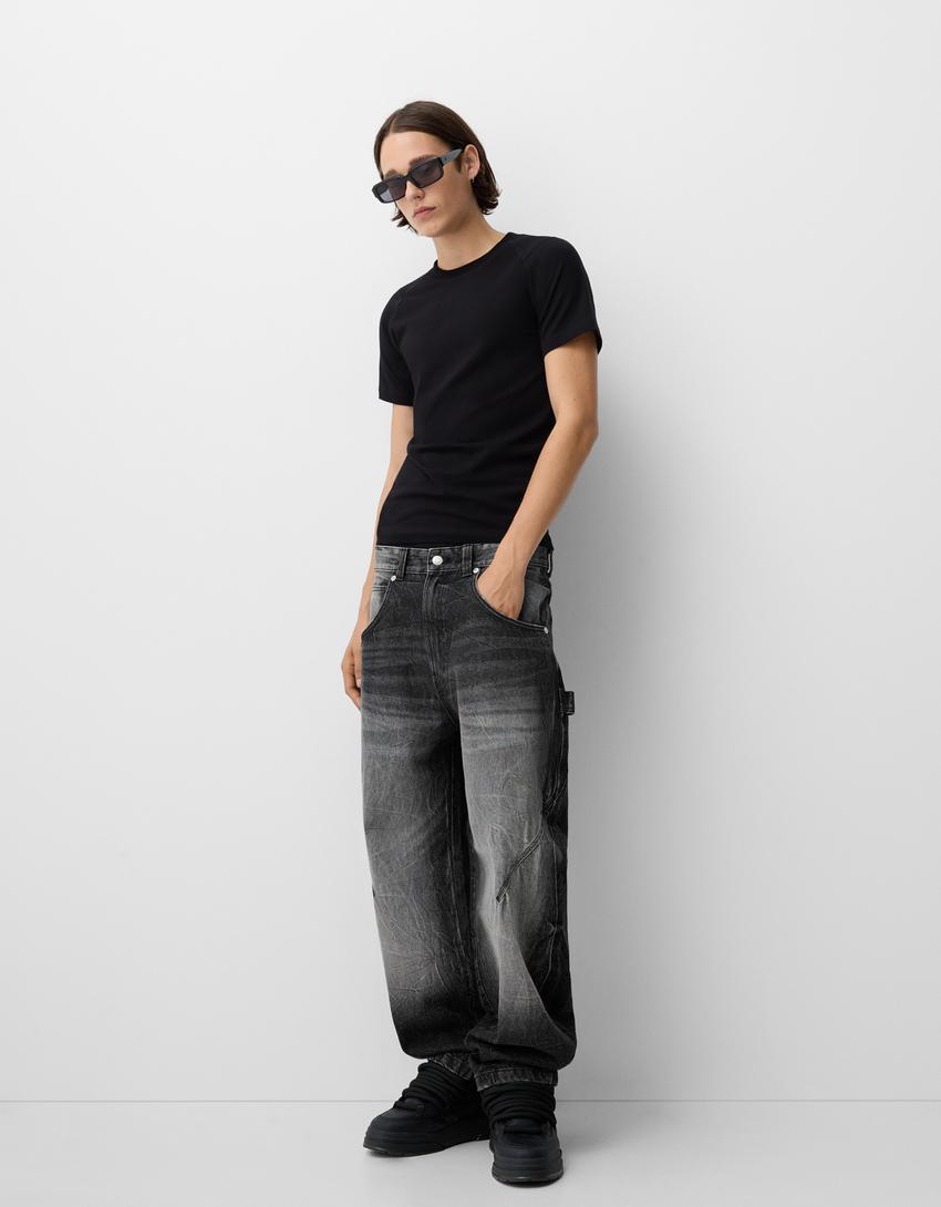 Herren nan lockere Carpenter-Jeans mit weitem Bein, tiefem Schritt und stonewashed Used-Optik Drune