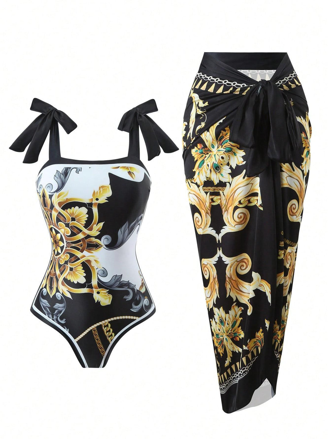 Damen Eleganter Badesuit mit floralen Akzenten und modischem Wickelrock Drune