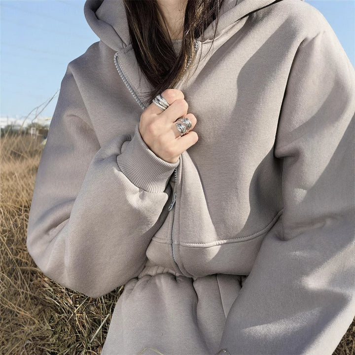 Damen lässiger Cropped Sweatjacke und bequeme Jogginghose Set Drune