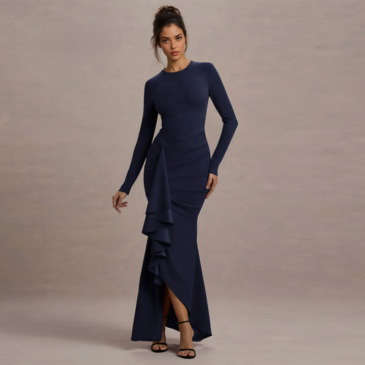 Damen Elegantes Abend-Maxikleid mit langen Ärmeln, figurbetonter Silhouette und seitlichem Volant Drune