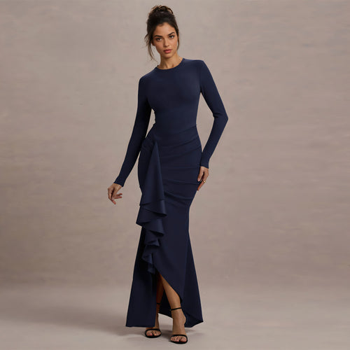 Damen Elegantes Abend-Maxikleid mit langen Ärmeln, figurbetonter Silhouette und seitlichem Volant Drune