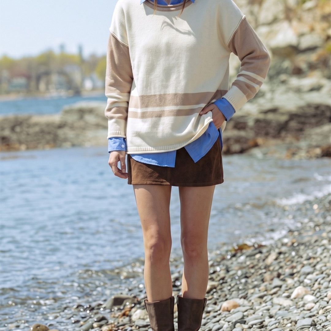 Damen Grobstrick-Pullover mit Paillettenstreifen, Oversize-Schnitt & Rundhalsausschnitt Drune