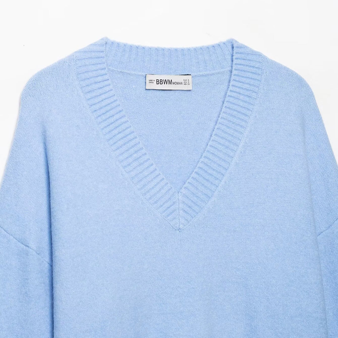 Damen Oversize V‑Ausschnitt Feinstrickpullover mit breitem Rippenbund Drune