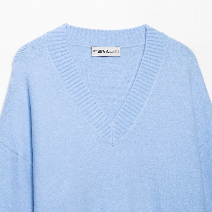 Damen Oversize V‑Ausschnitt Feinstrickpullover mit breitem Rippenbund Drune