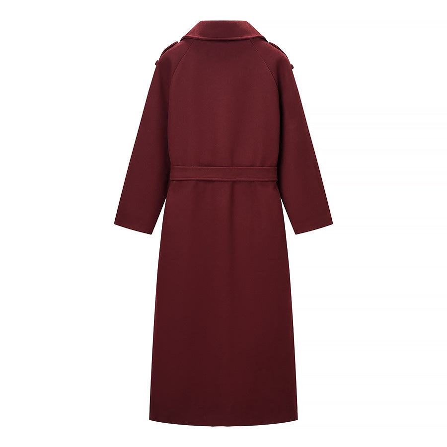 Damen Maxilanger Wollmix-Trenchcoat mit Schulterpasse, Bindegürtel und Krempelärmeln Drune