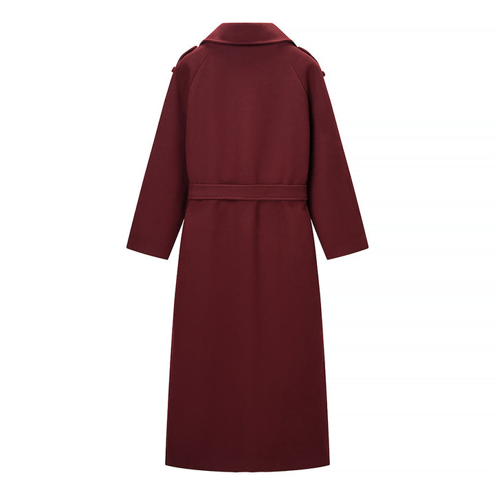 Damen Maxilanger Wollmix-Trenchcoat mit Schulterpasse, Bindegürtel und Krempelärmeln Drune
