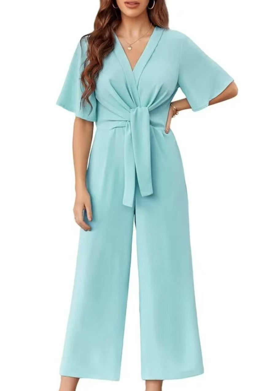 Damen eleganter Wickel-Jumpsuit mit weiten Beinen und Taillengürtel Drune