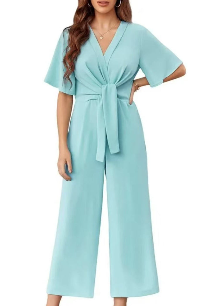 Damen eleganter Wickel-Jumpsuit mit weiten Beinen und Taillengürtel Drune