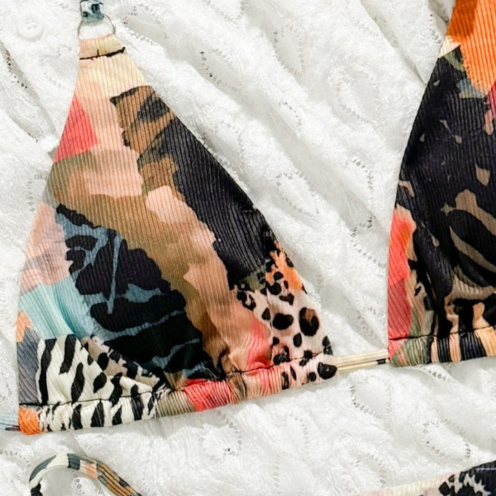 Damen Triangel-Bikini mit buntem Muster und verstellbaren Trägern Drune