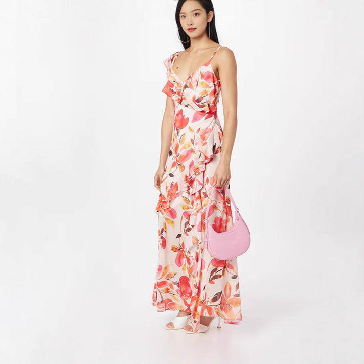 Damen Maxikleid mit floralen Rüschen und schulterfreien Trägern Drune