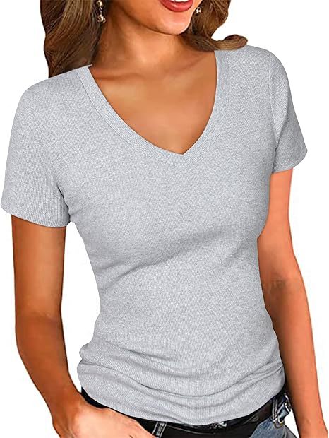 Damen V-Ausschnitt T-Shirt mit strukturierter Oberfläche Drune
